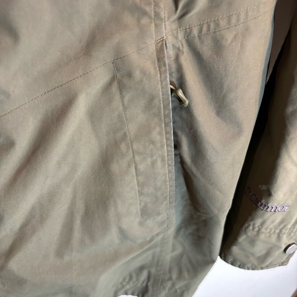 MARMOT Sz L Rain Coat Parka Olive with Purple Lining Retractable Hood Pockets - Picture 4 of 9